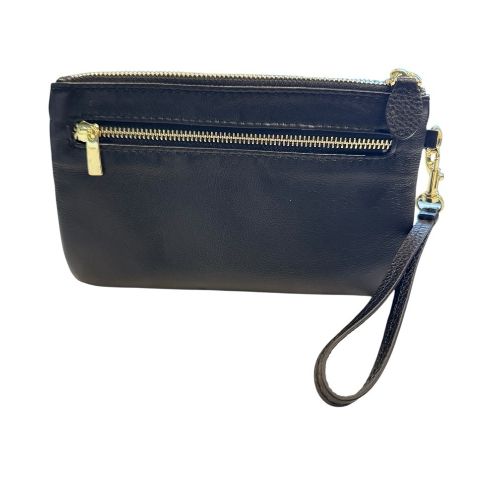 Befen Black Leather Wristlet Clutch Zippered Wallet Puff Channel Stitching - Picture 3 of 10